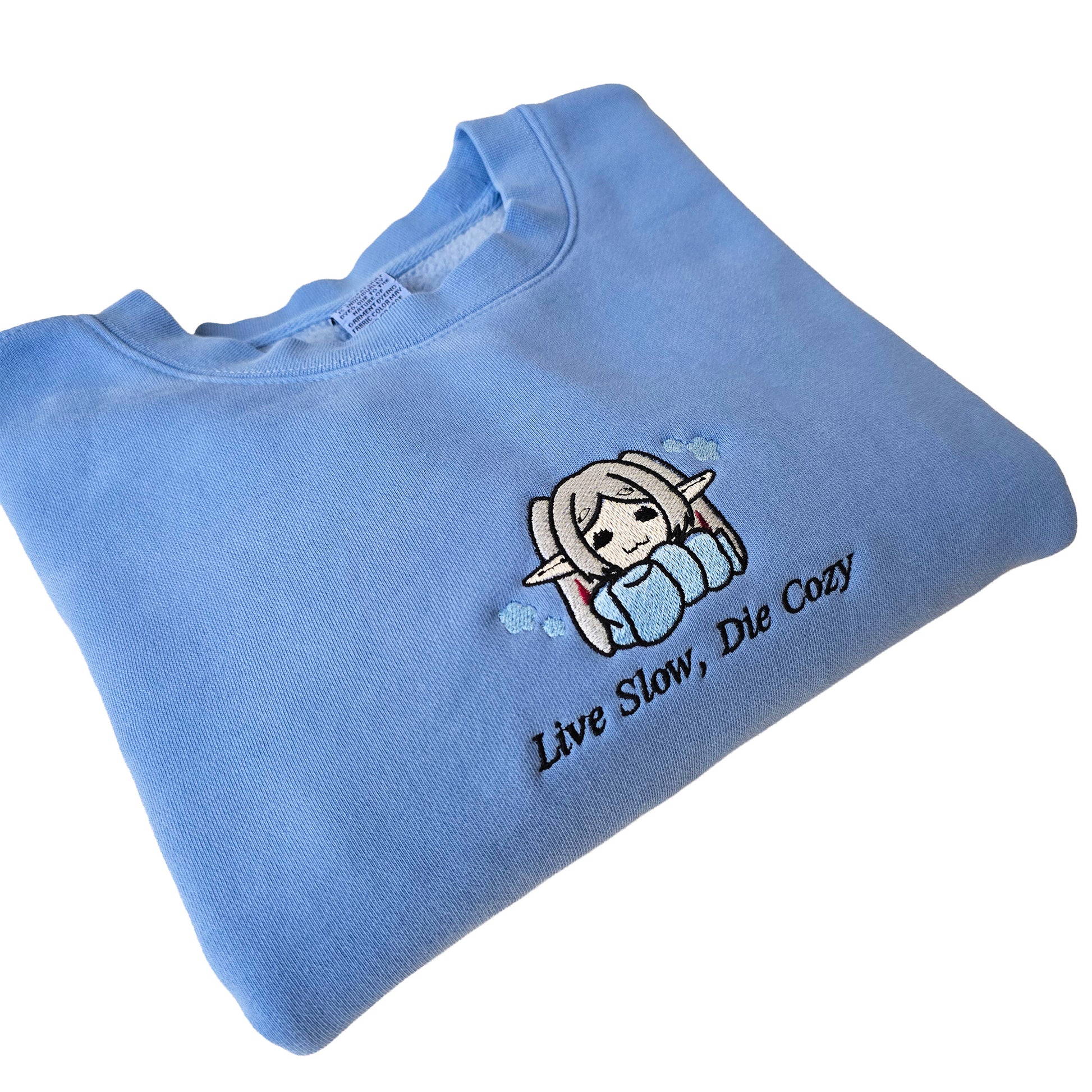 Live Slow Die Cozy Frieren Sleeping Scarf Droopy Face Chibi Himmel Flowers Embroidered Anime Crewneck