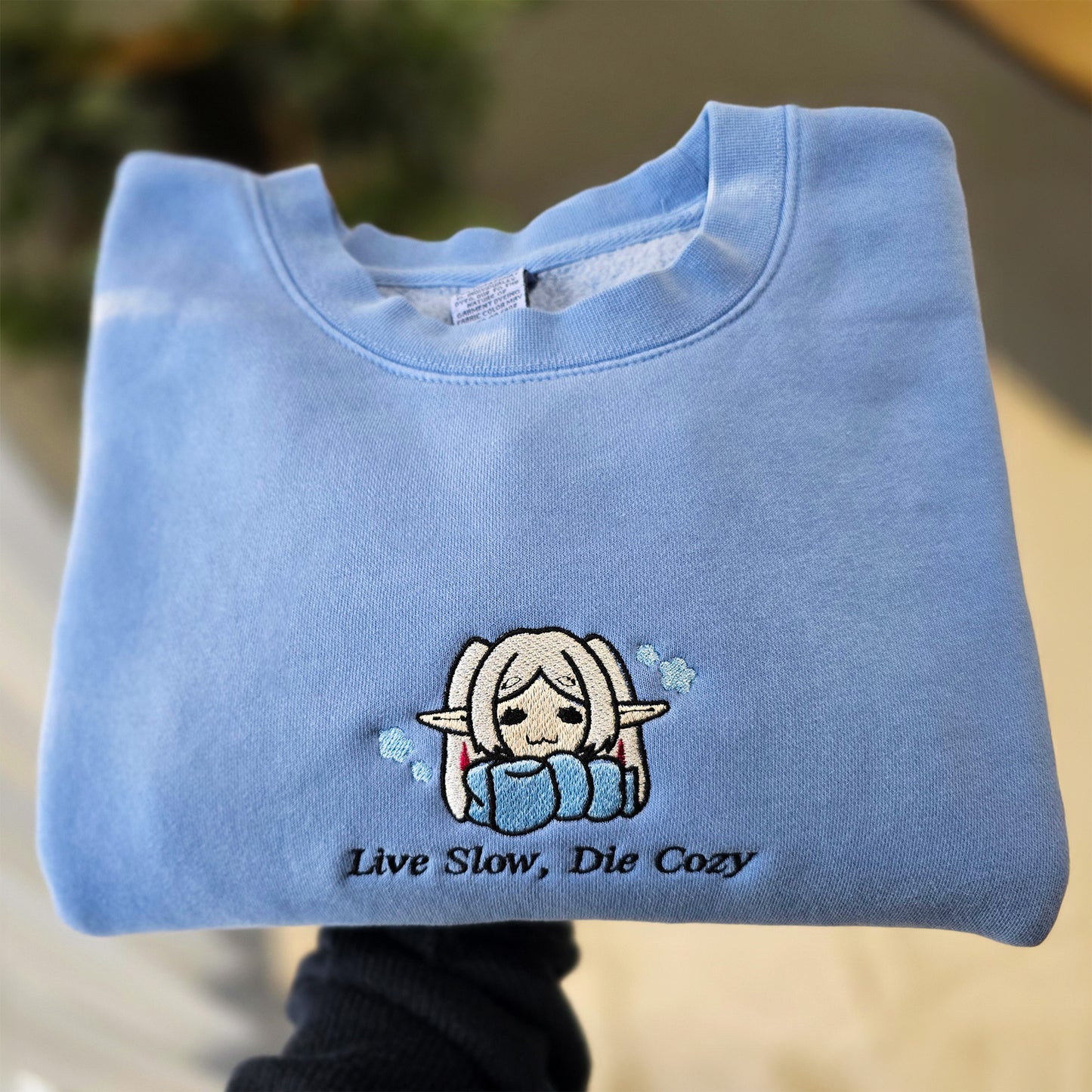 Live Slow Die Cozy Frieren Sleeping Scarf Droopy Face Chibi Himmel Flowers Embroidered Anime Crewneck