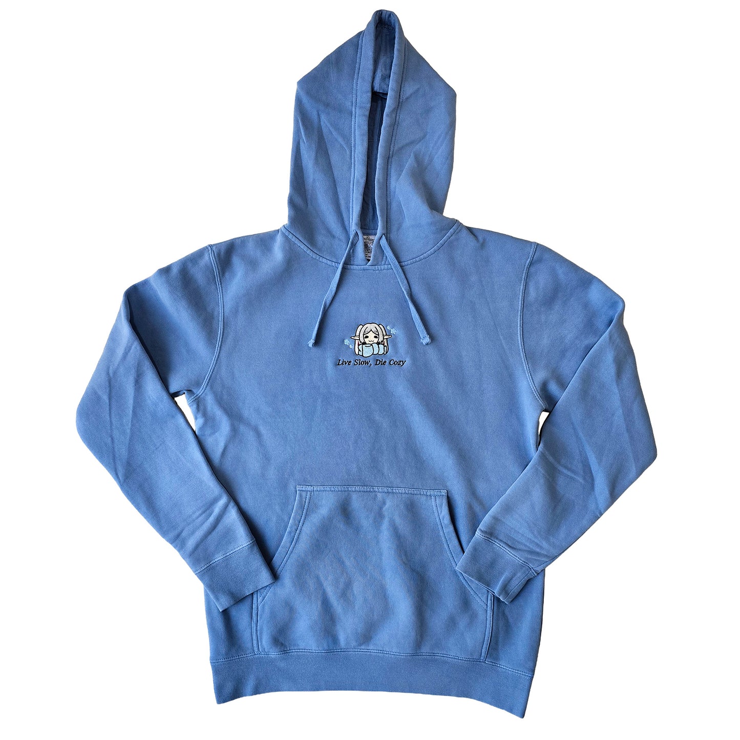 Live Slow Die Cozy Frieren Sleeping Scarf Droopy Face Chibi Himmel Flowers Embroidered Anime Hoodie