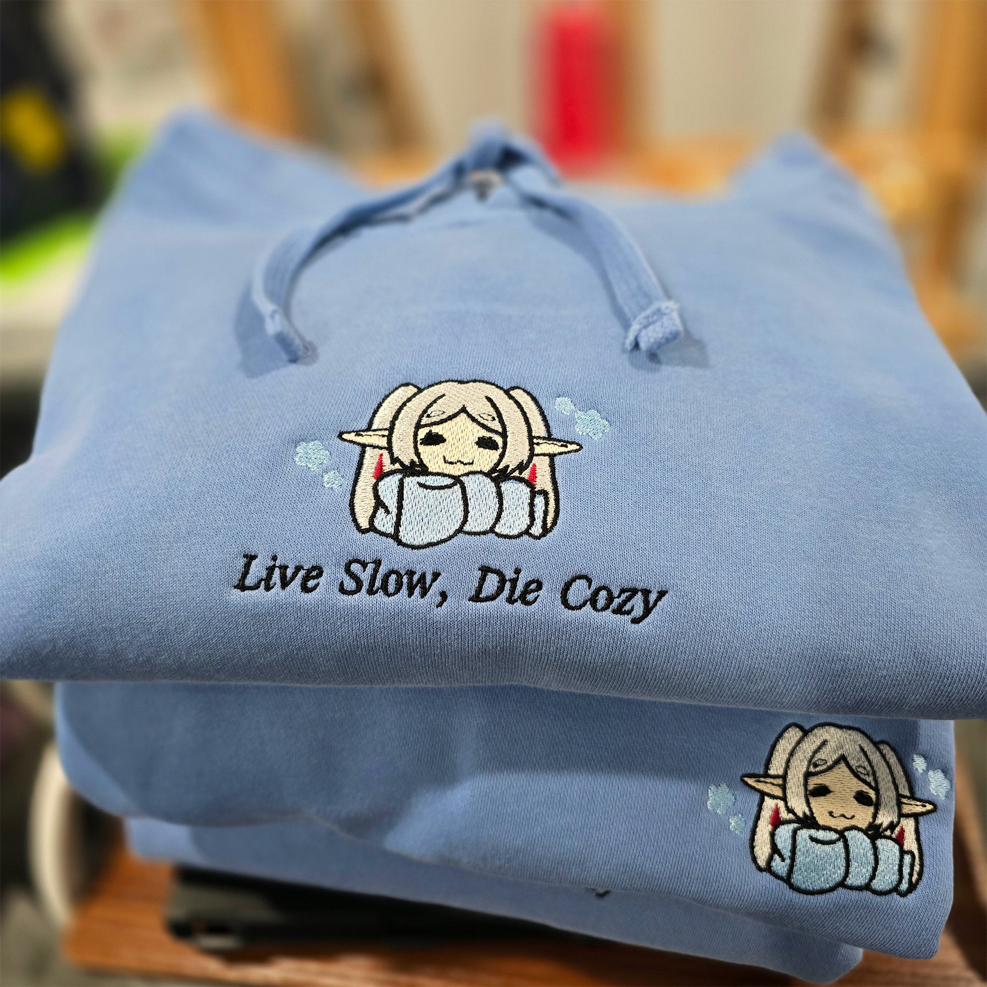 Live Slow Die Cozy Frieren Sleeping Scarf Droopy Face Chibi Himmel Flowers Embroidered Anime Hoodie