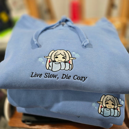 Live Slow Die Cozy Frieren Sleeping Scarf Droopy Face Chibi Himmel Flowers Embroidered Anime Hoodie