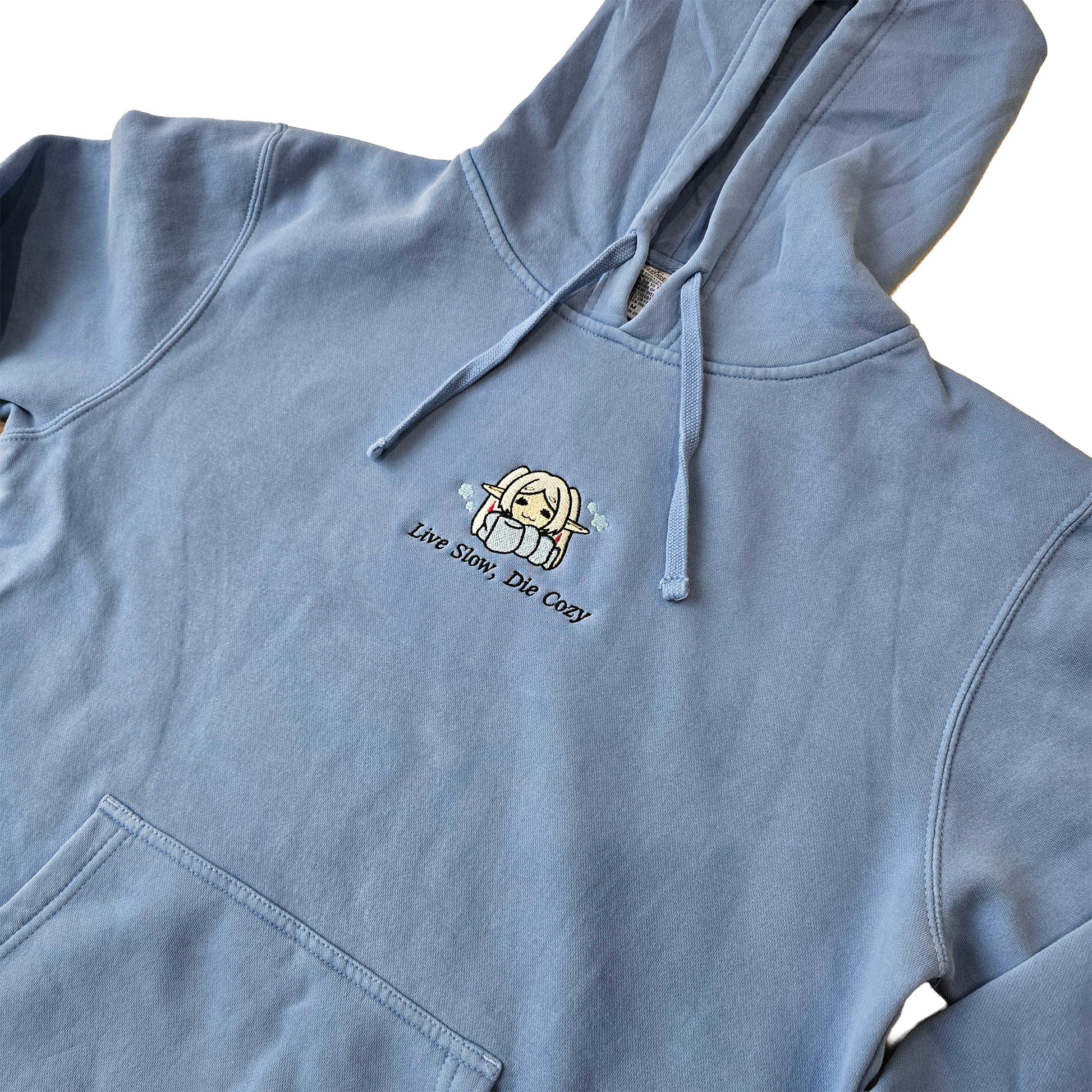 Live Slow Die Cozy Frieren Sleeping Scarf Droopy Face Chibi Himmel Flowers Embroidered Anime Hoodie