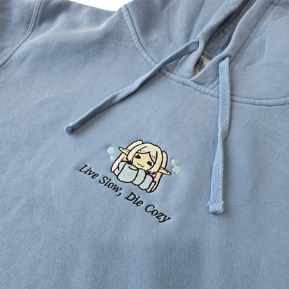 Live Slow Die Cozy Frieren Sleeping Scarf Droopy Face Chibi Himmel Flowers Embroidered Anime Hoodie