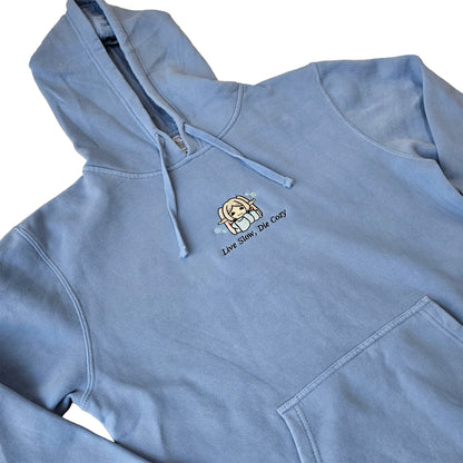 Live Slow Die Cozy Frieren Sleeping Scarf Droopy Face Chibi Himmel Flowers Embroidered Anime Hoodie