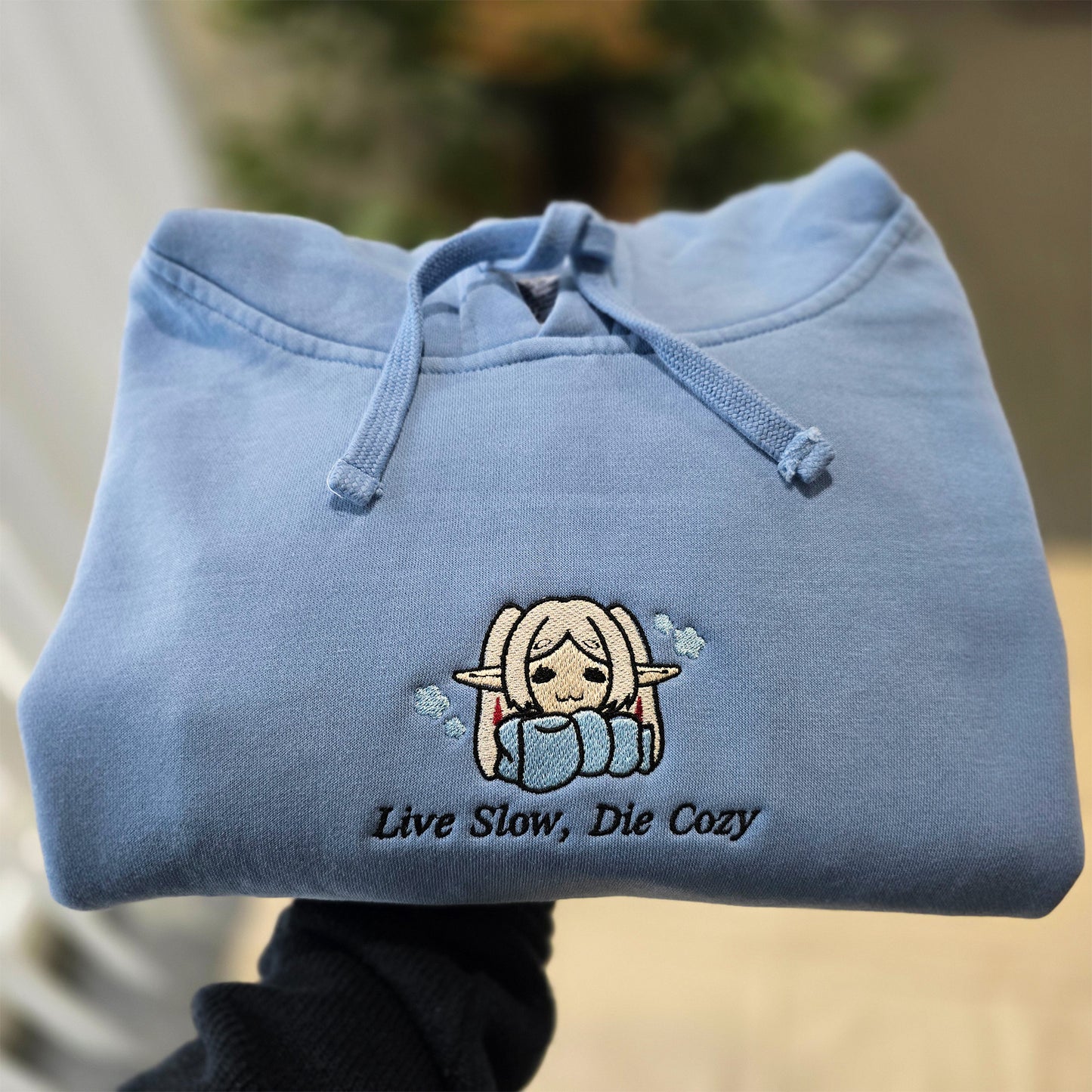 Live Slow Die Cozy Frieren Sleeping Scarf Droopy Face Chibi Himmel Flowers Embroidered Anime Hoodie