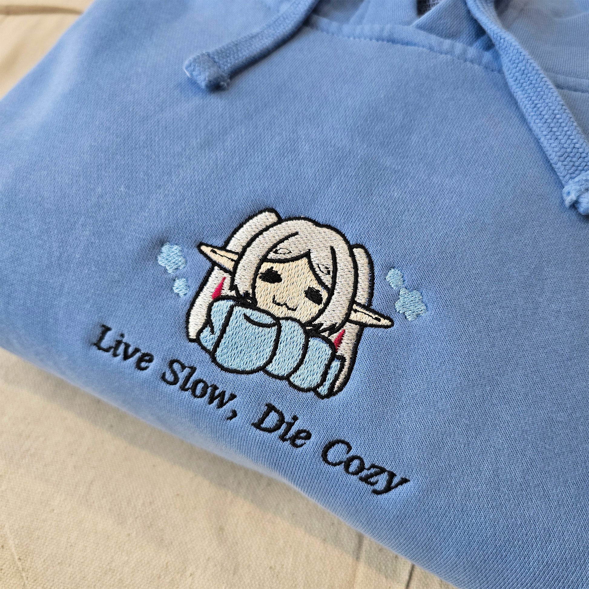 Live Slow Die Cozy Frieren Sleeping Scarf Droopy Face Chibi Himmel Flowers Embroidered Anime Hoodie