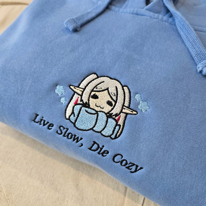 Live Slow Die Cozy Frieren Sleeping Scarf Droopy Face Chibi Himmel Flowers Embroidered Anime Hoodie
