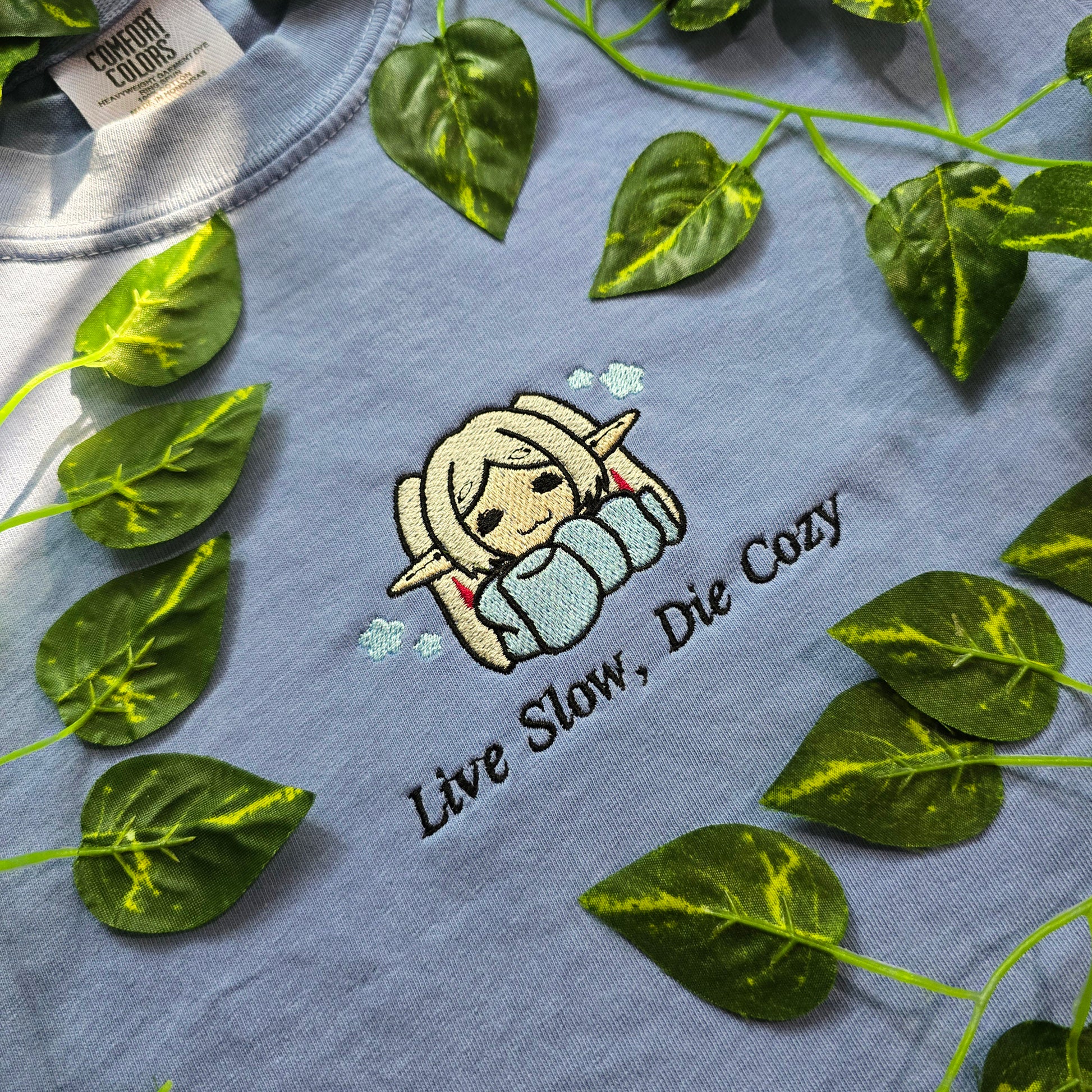 Live Slow Die Cozy Frieren Sleeping Scarf Embroidered Anime Shirt