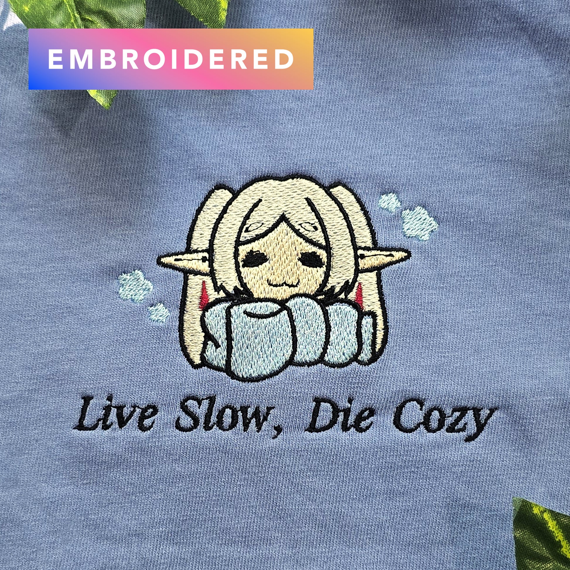 Live Slow Die Cozy Frieren Sleeping Scarf Embroidered Anime Shirt