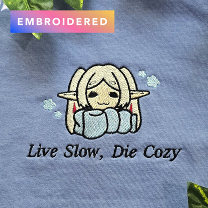 Live Slow Die Cozy Frieren Sleeping Scarf Embroidered Anime Shirt