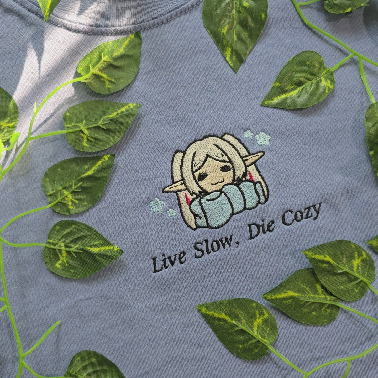 Live Slow Die Cozy Frieren Sleeping Scarf Embroidered Anime Shirt Video